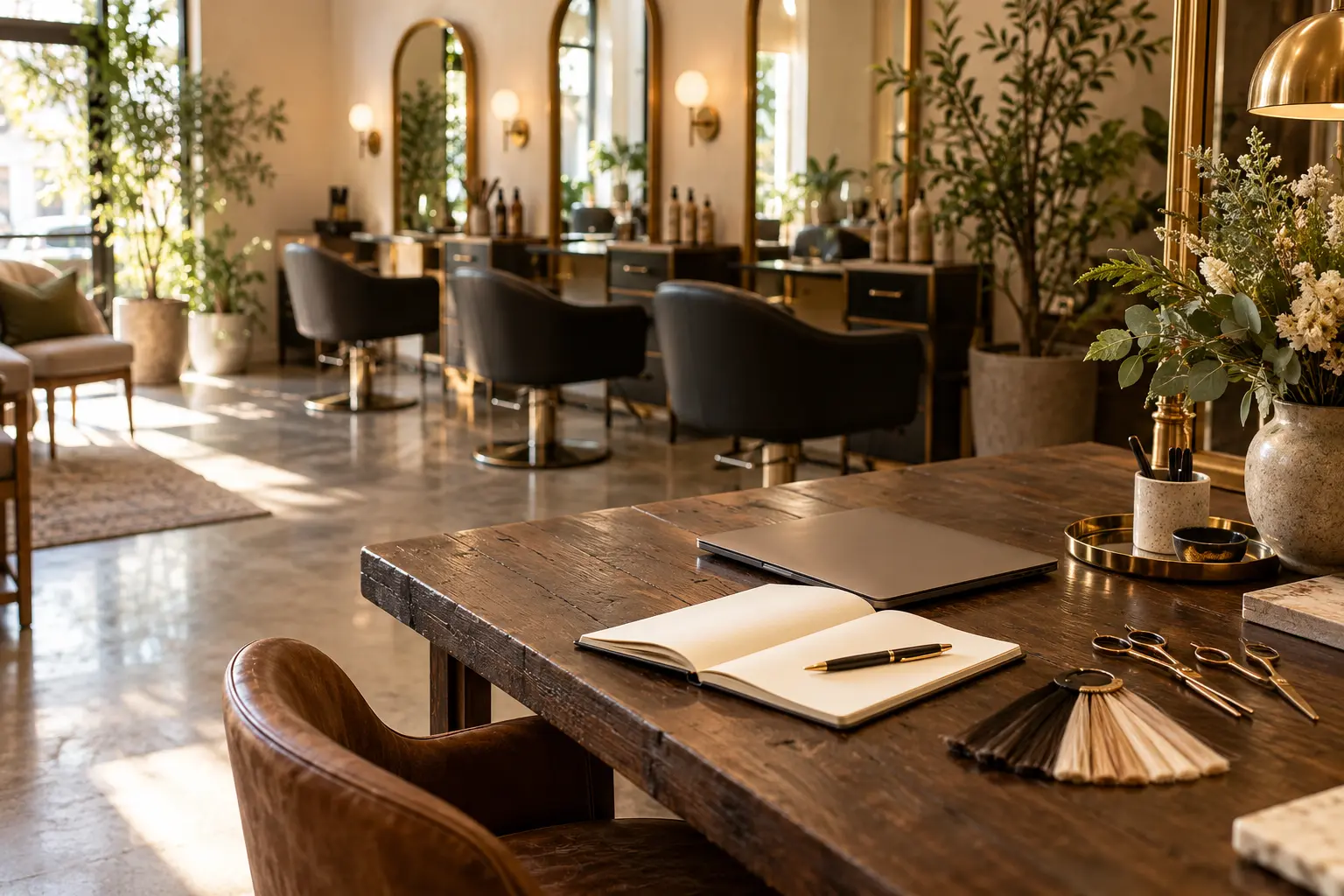Warm salon workspace with notebook, laptop, color swatches and styling tools